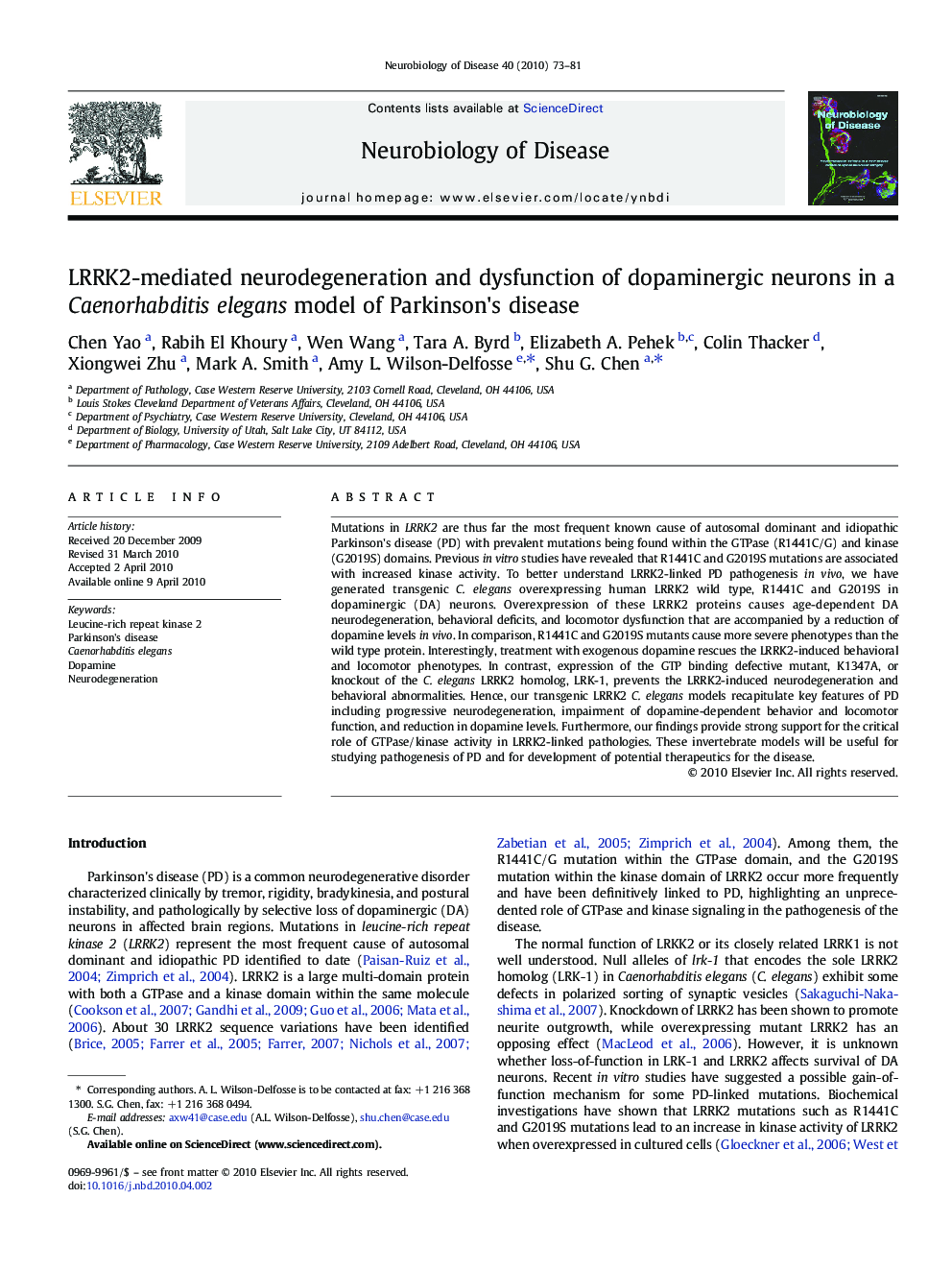 LRRK2-mediated neurodegeneration and dysfunction of dopaminergic neurons in a Caenorhabditis elegans model of Parkinson's disease