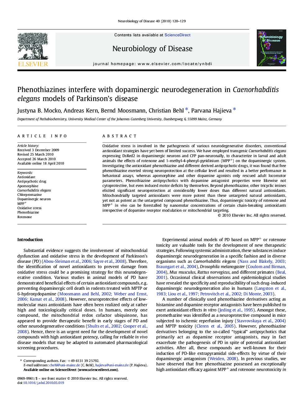 Phenothiazines interfere with dopaminergic neurodegeneration in Caenorhabditis elegans models of Parkinson's disease