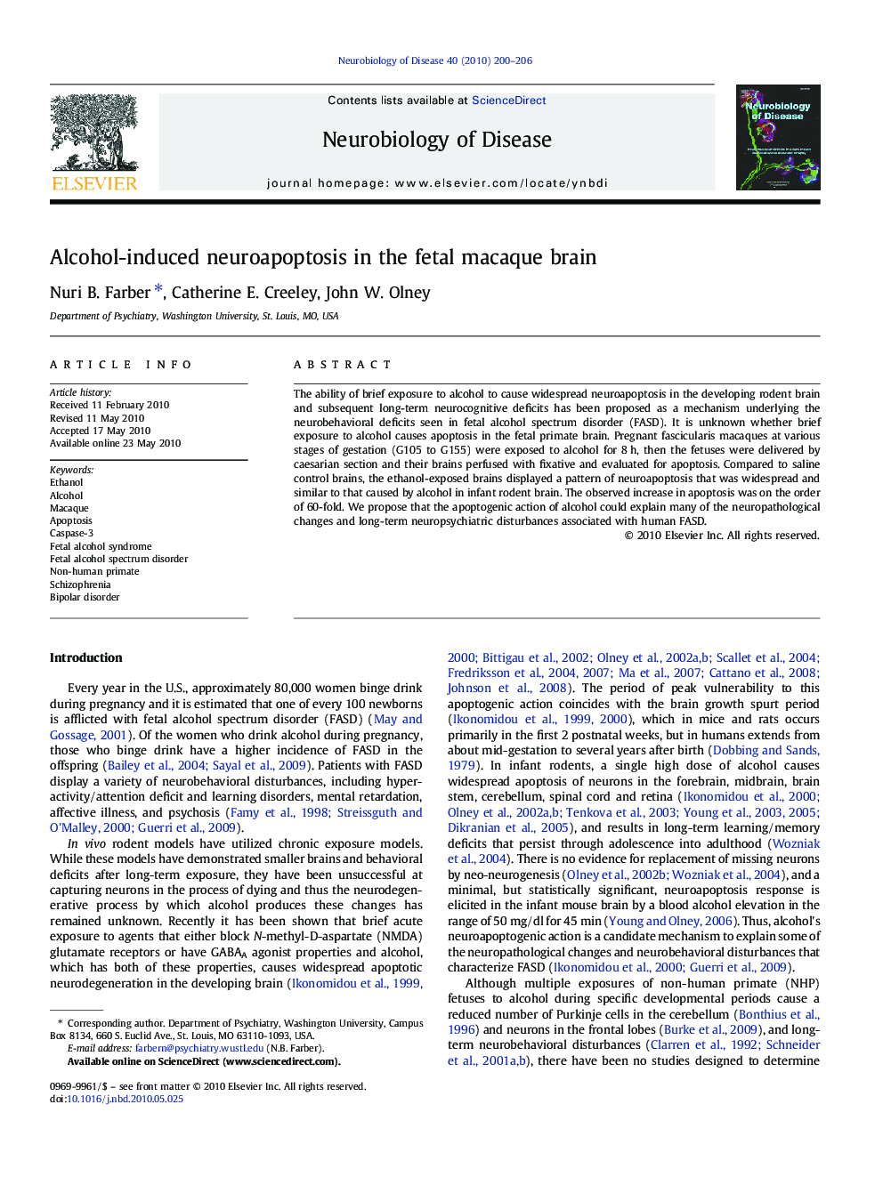 Alcohol-induced neuroapoptosis in the fetal macaque brain