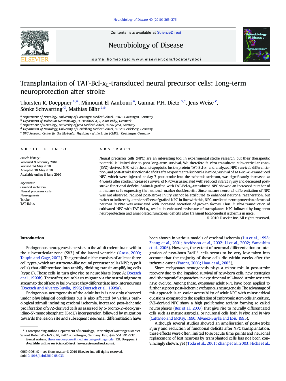 Transplantation of TAT-Bcl-xL-transduced neural precursor cells: Long-term neuroprotection after stroke