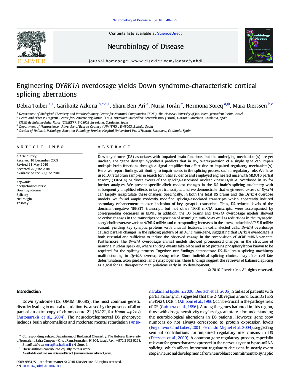 Engineering DYRK1A overdosage yields Down syndrome-characteristic cortical splicing aberrations