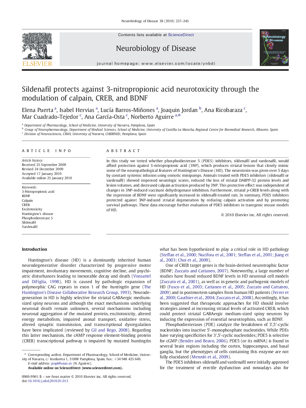 Sildenafil protects against 3-nitropropionic acid neurotoxicity through the modulation of calpain, CREB, and BDNF