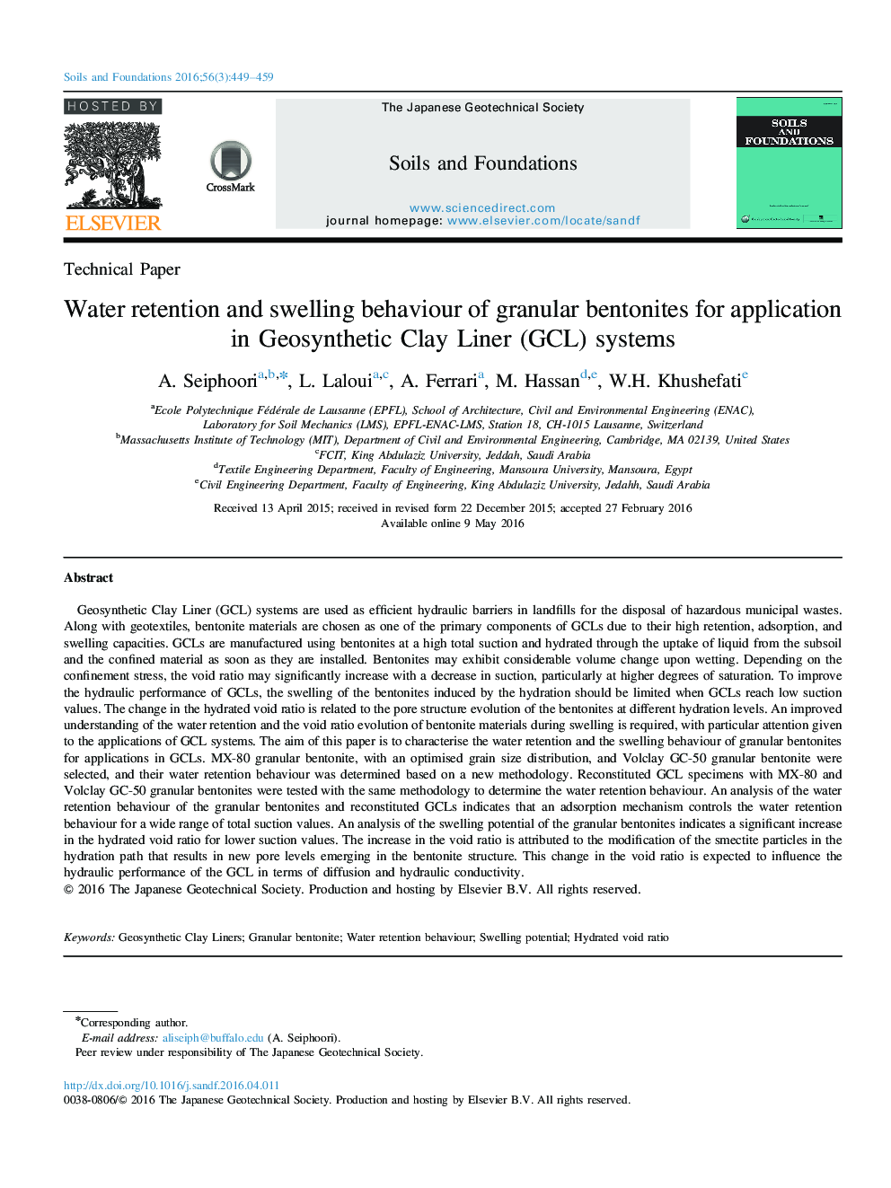 Water retention and swelling behaviour of granular bentonites for application in Geosynthetic Clay Liner (GCL) systems