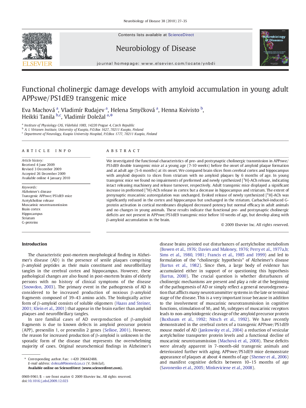 Functional cholinergic damage develops with amyloid accumulation in young adult APPswe/PS1dE9 transgenic mice