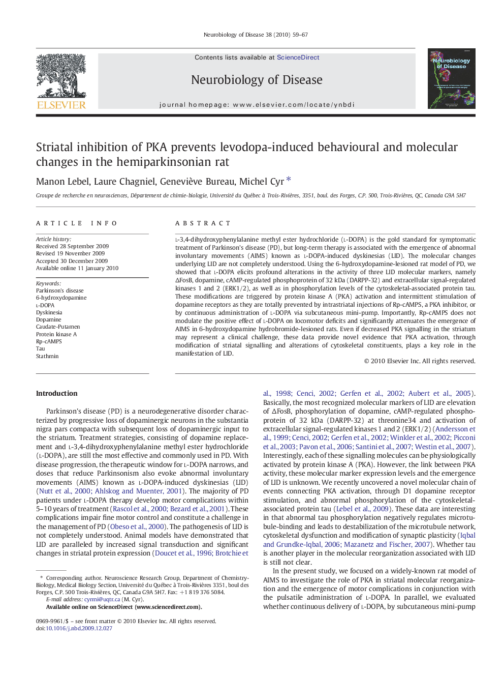 Striatal inhibition of PKA prevents levodopa-induced behavioural and molecular changes in the hemiparkinsonian rat