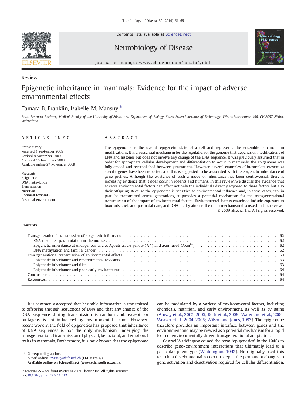 Epigenetic inheritance in mammals: Evidence for the impact of adverse environmental effects