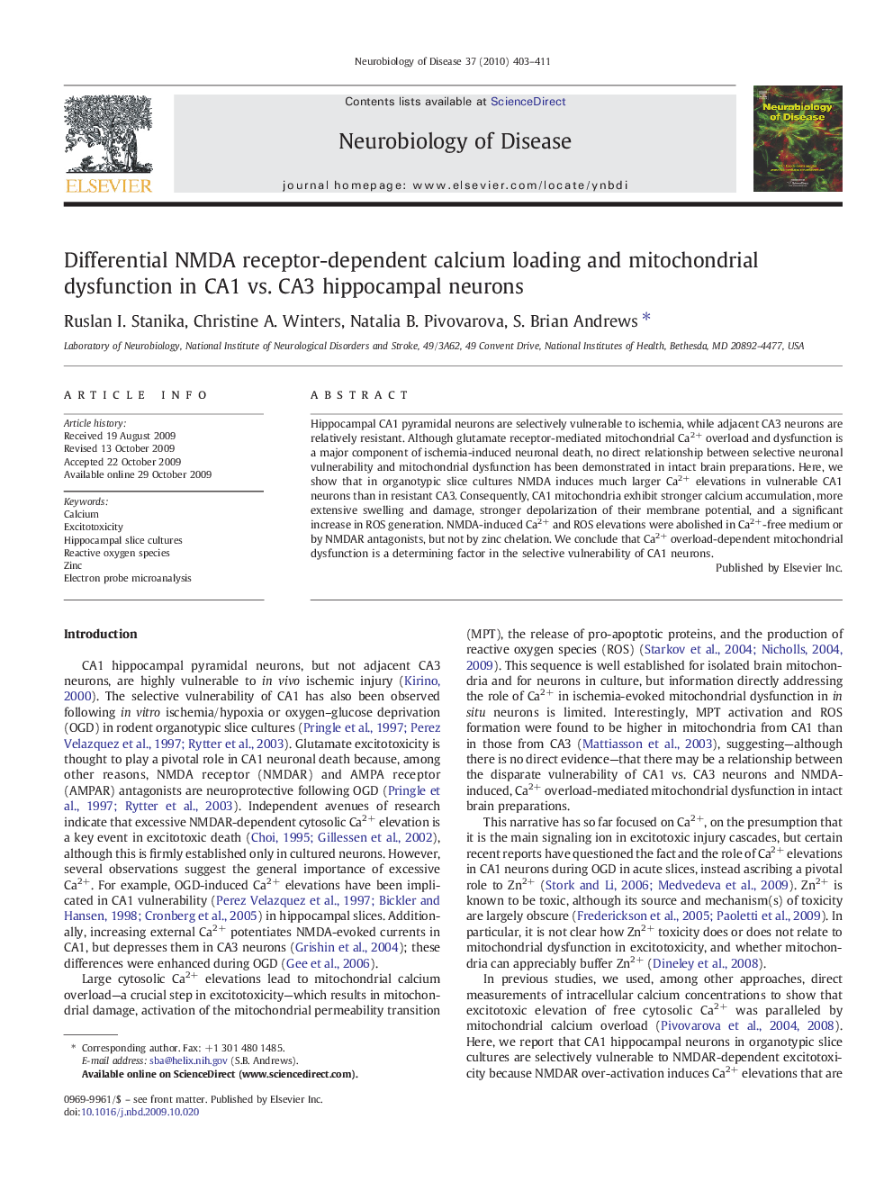 Differential NMDA receptor-dependent calcium loading and mitochondrial dysfunction in CA1 vs. CA3 hippocampal neurons