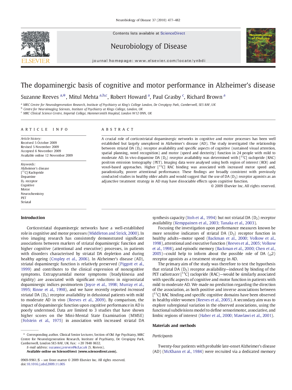 The dopaminergic basis of cognitive and motor performance in Alzheimer's disease