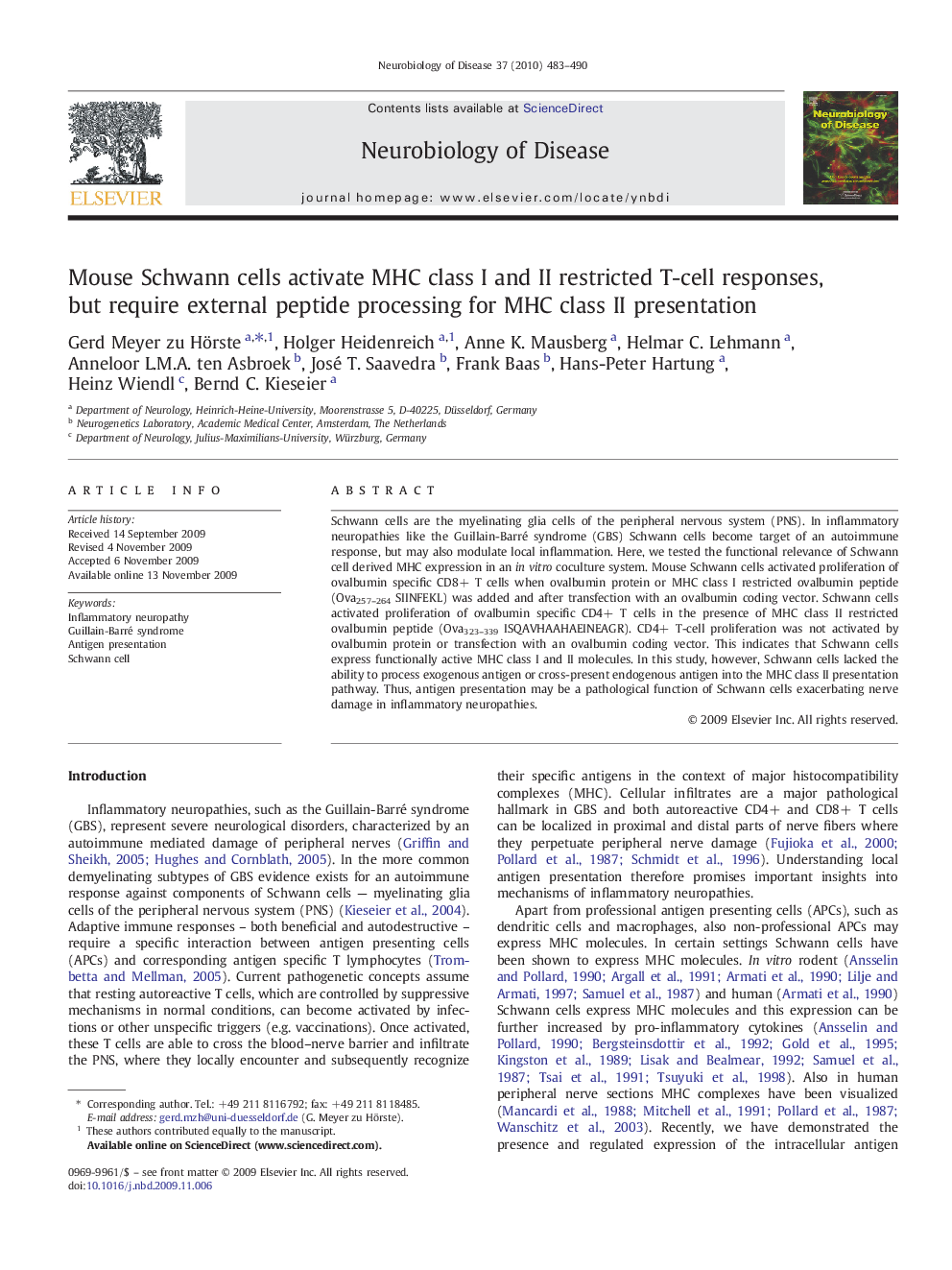 عکس صفحه اول مقاله: Mouse Schwann cells activate MHC class I and II restricted T-cell responses, but require external peptide processing for MHC class II presentation Mouse Schwann cells activate MHC class I and II restricted T-cell responses, but require external peptide processing for MHC class II presentation