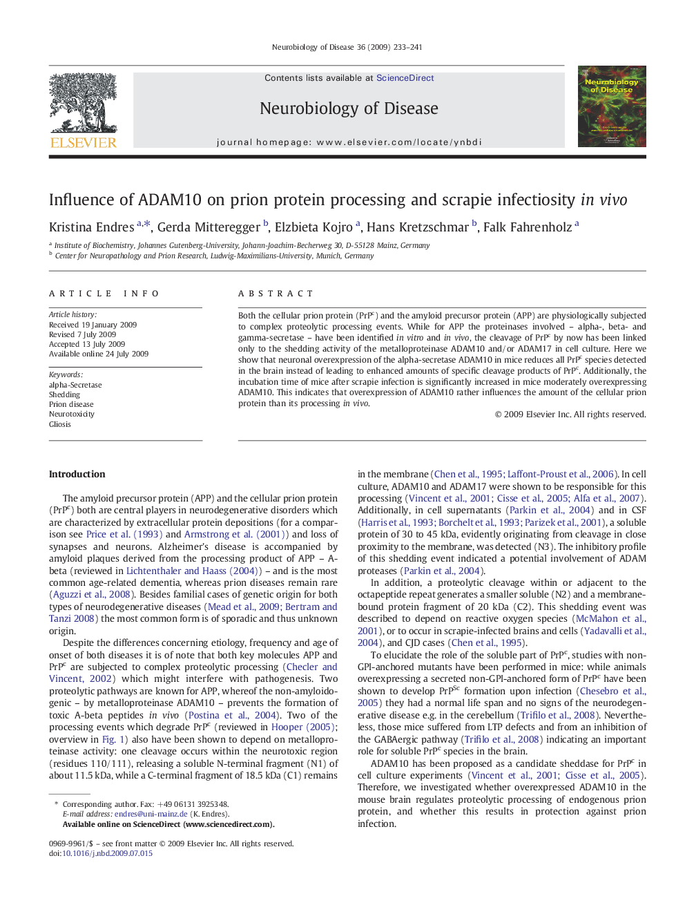 Influence of ADAM10 on prion protein processing and scrapie infectiosity in vivo