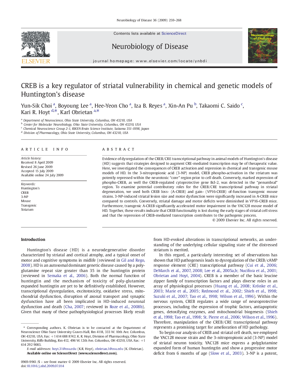 CREB is a key regulator of striatal vulnerability in chemical and genetic models of Huntington's disease