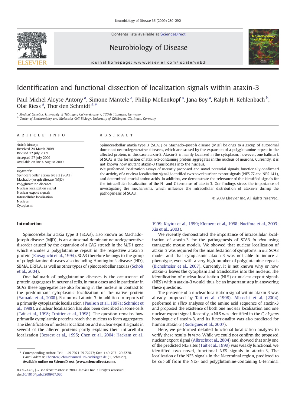 Identification and functional dissection of localization signals within ataxin-3