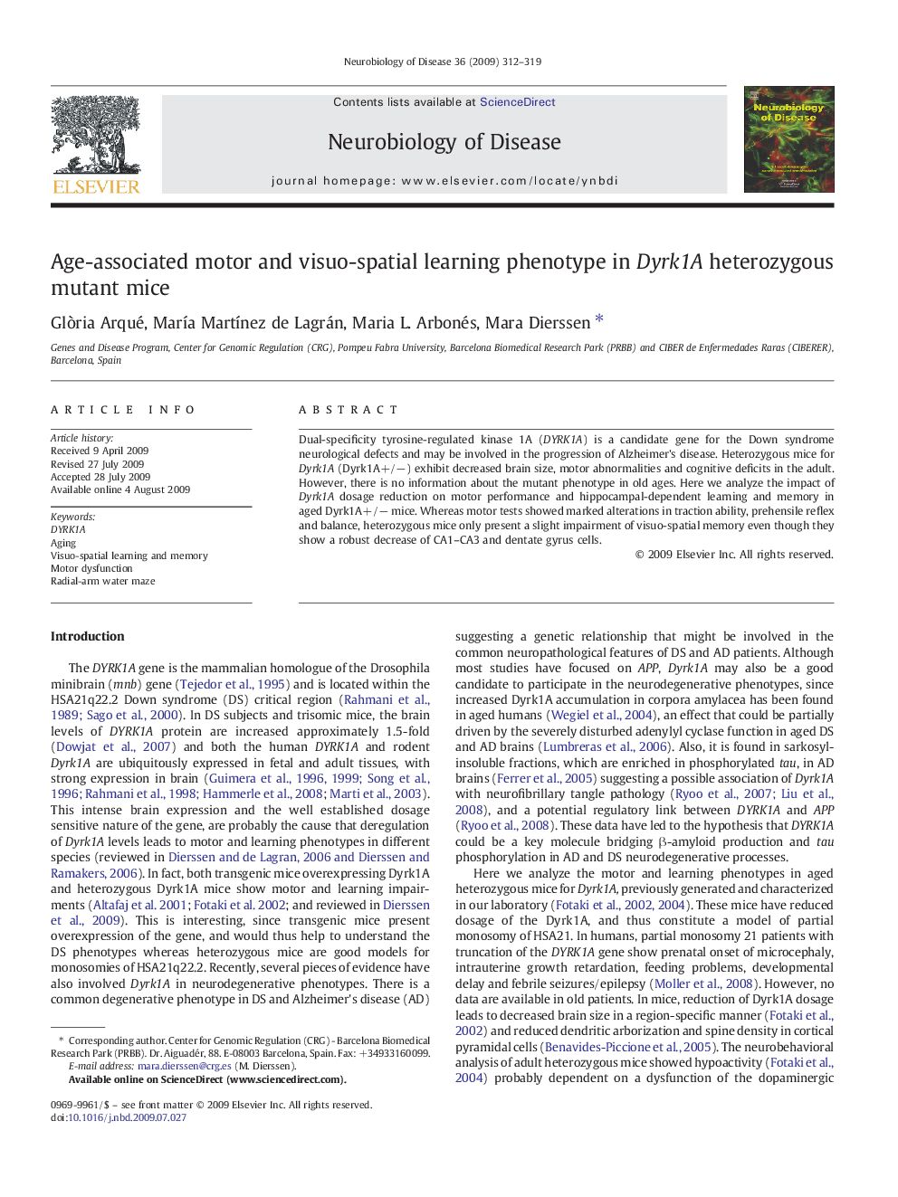 Age-associated motor and visuo-spatial learning phenotype in Dyrk1A heterozygous mutant mice