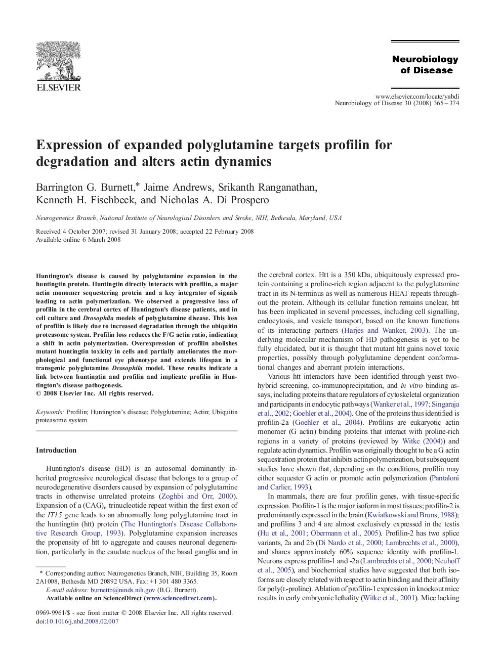 Expression of expanded polyglutamine targets profilin for degradation and alters actin dynamics