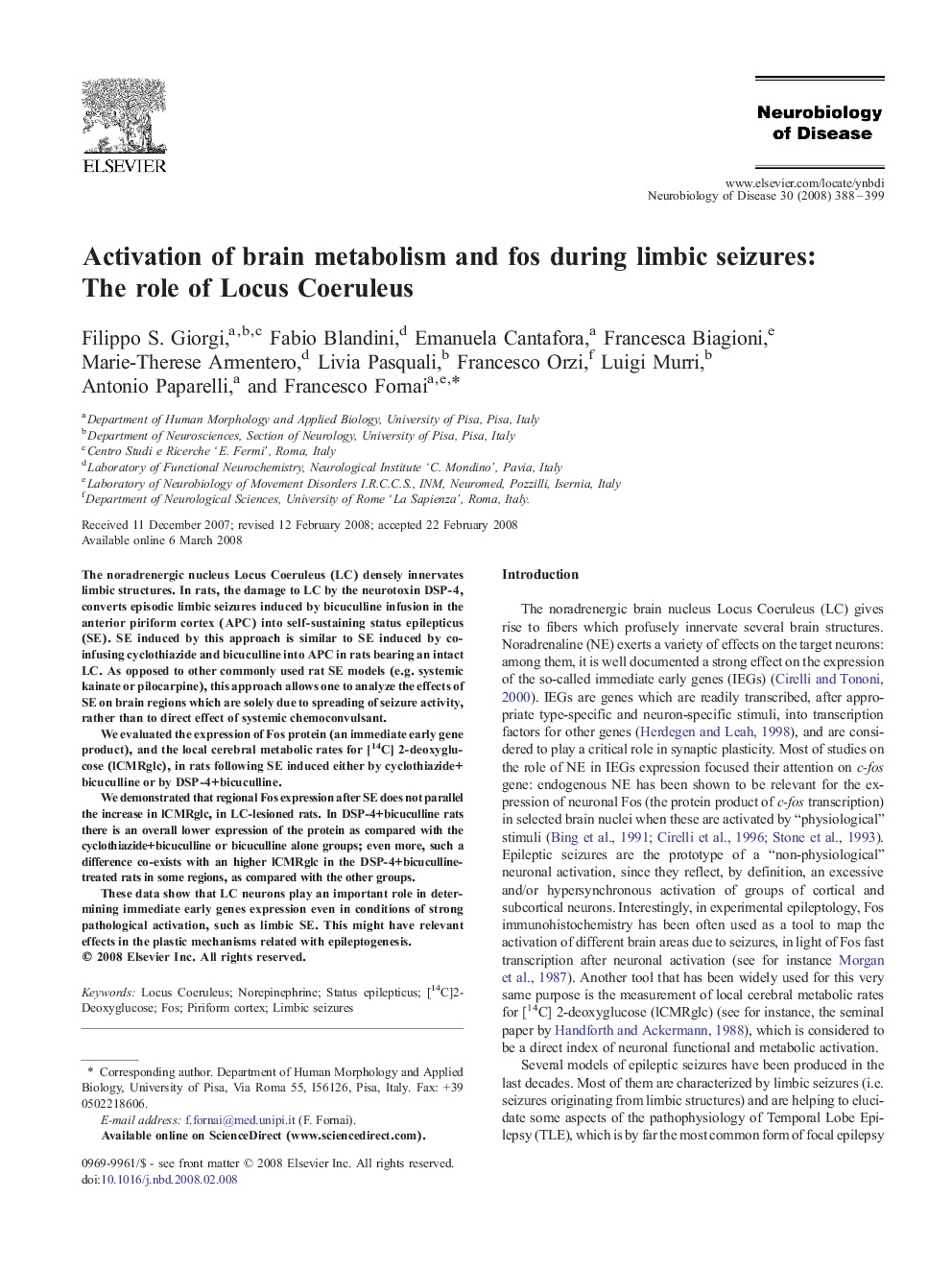 Activation of brain metabolism and fos during limbic seizures: The role of Locus Coeruleus