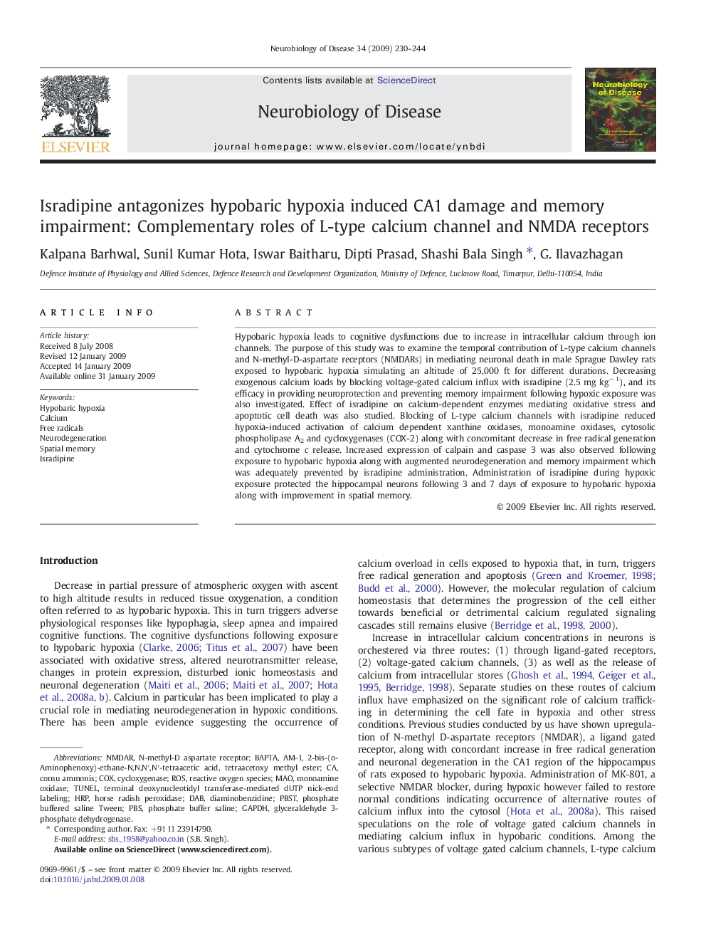 Isradipine antagonizes hypobaric hypoxia induced CA1 damage and memory impairment: Complementary roles of L-type calcium channel and NMDA receptors