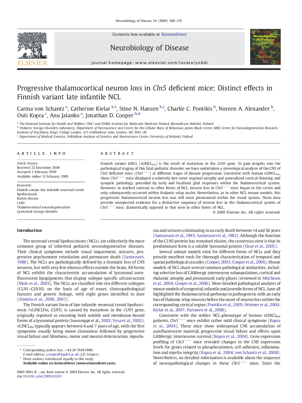 Progressive thalamocortical neuron loss in Cln5 deficient mice: Distinct effects in Finnish variant late infantile NCL