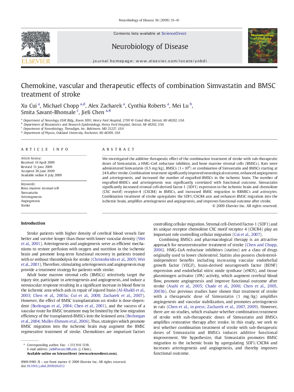 Chemokine, vascular and therapeutic effects of combination Simvastatin and BMSC treatment of stroke