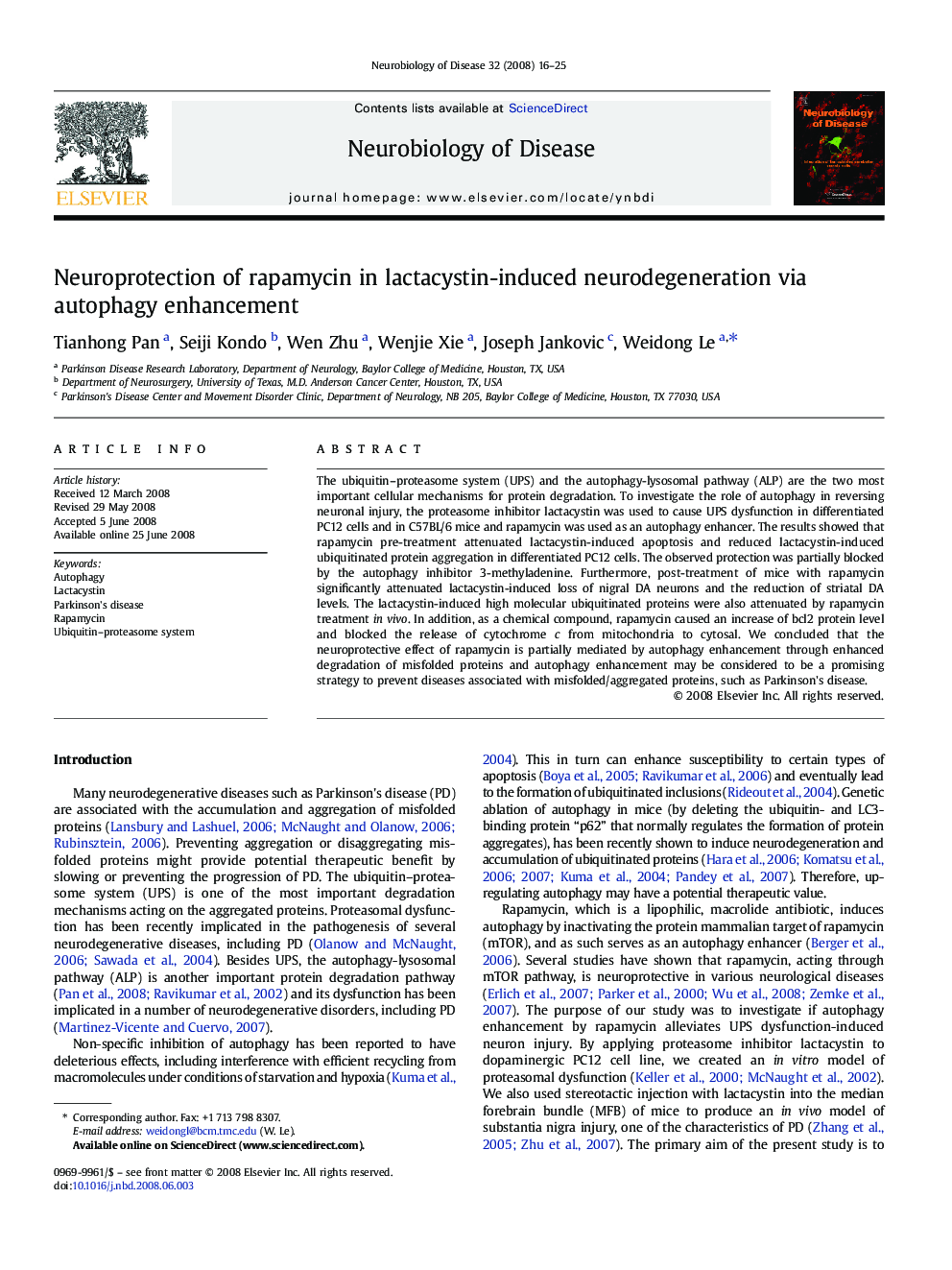 Neuroprotection of rapamycin in lactacystin-induced neurodegeneration via autophagy enhancement