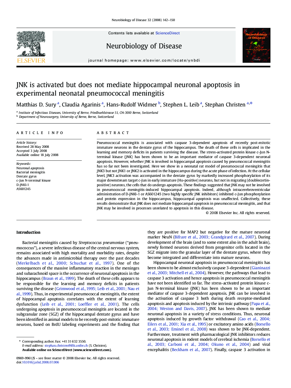 JNK is activated but does not mediate hippocampal neuronal apoptosis in experimental neonatal pneumococcal meningitis