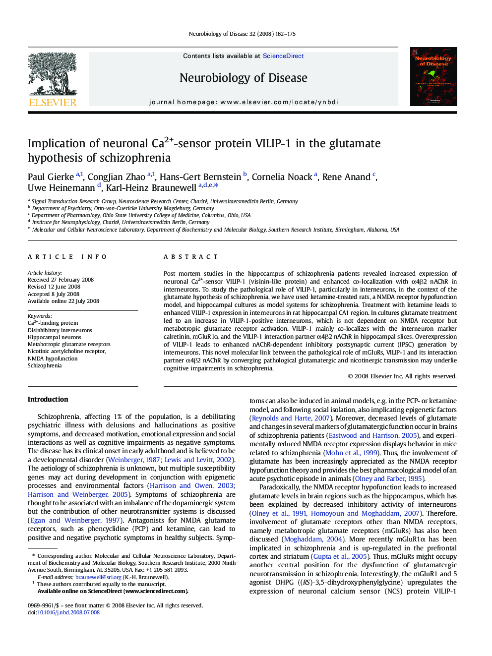 Implication of neuronal Ca2+-sensor protein VILIP-1 in the glutamate hypothesis of schizophrenia