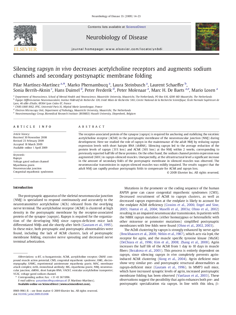 Silencing rapsyn in vivo decreases acetylcholine receptors and augments sodium channels and secondary postsynaptic membrane folding