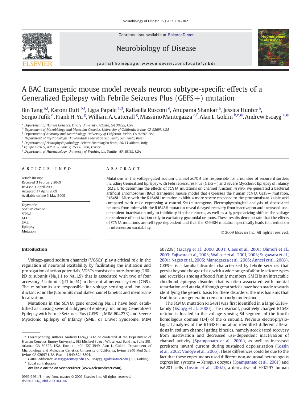 A BAC transgenic mouse model reveals neuron subtype-specific effects of a Generalized Epilepsy with Febrile Seizures Plus (GEFS+) mutation