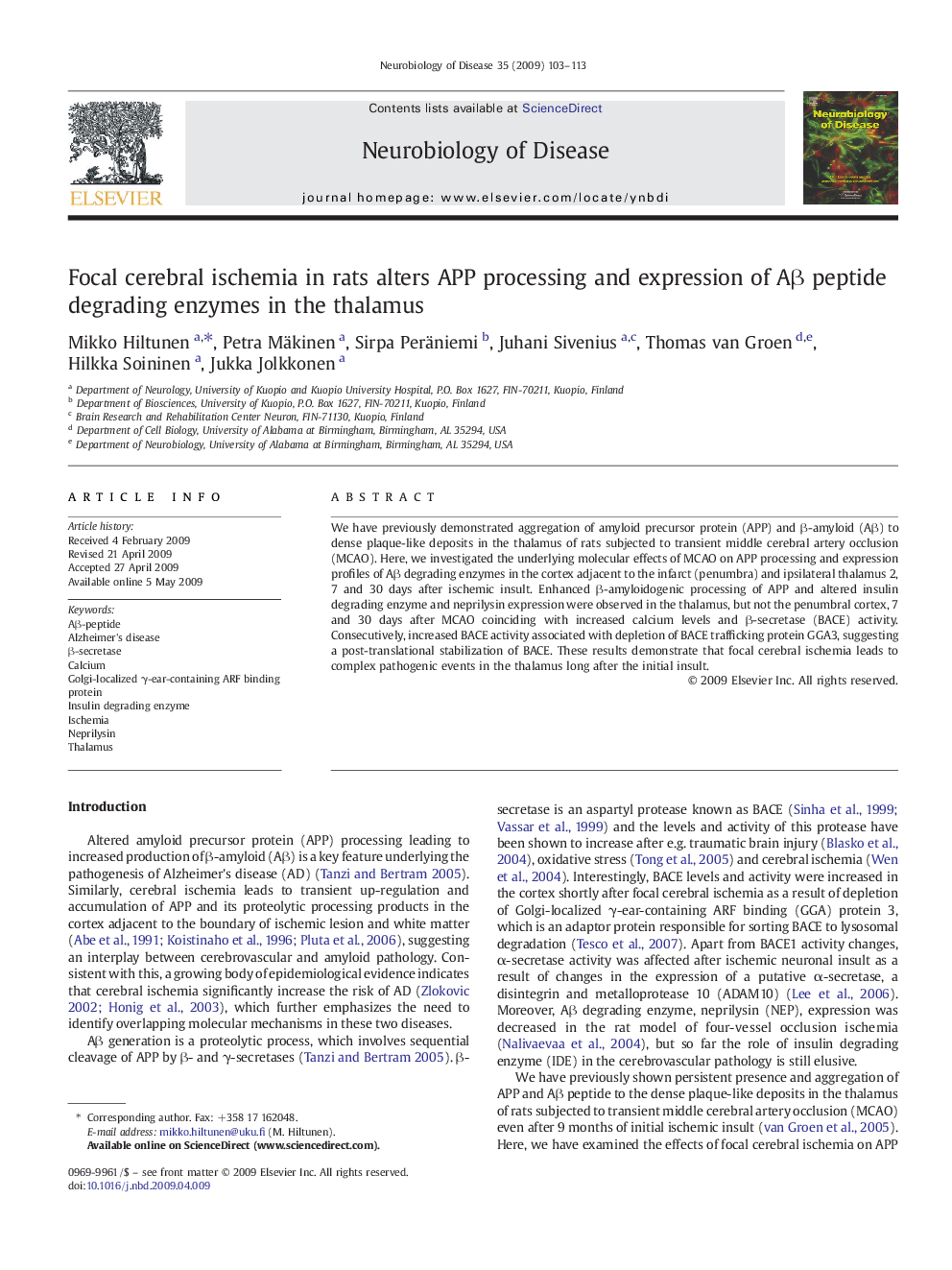 Focal cerebral ischemia in rats alters APP processing and expression of Aβ peptide degrading enzymes in the thalamus