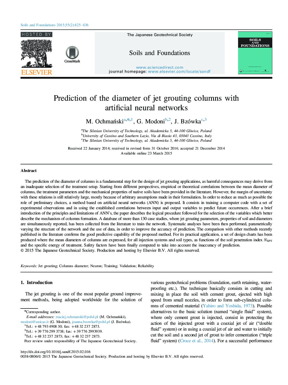 Prediction of the diameter of jet grouting columns with artificial neural networks 