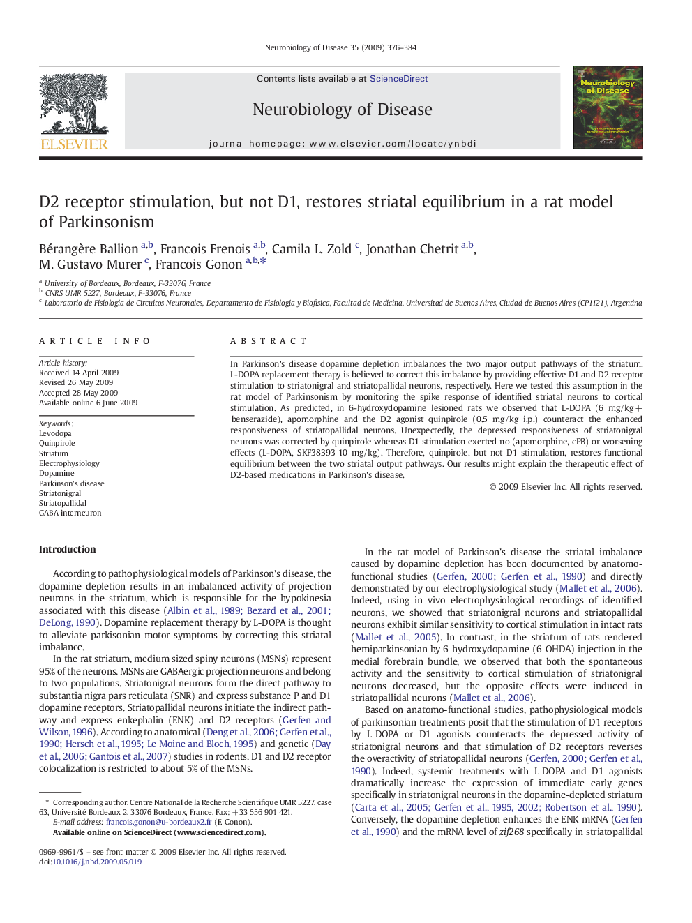 D2 receptor stimulation, but not D1, restores striatal equilibrium in a rat model of Parkinsonism