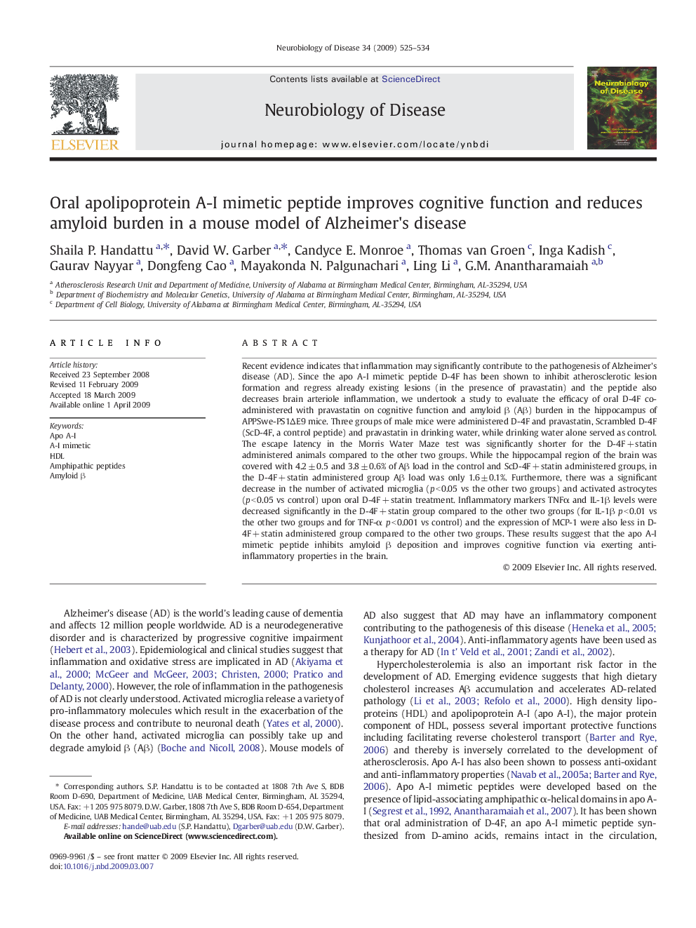 Oral apolipoprotein A-I mimetic peptide improves cognitive function and reduces amyloid burden in a mouse model of Alzheimer's disease