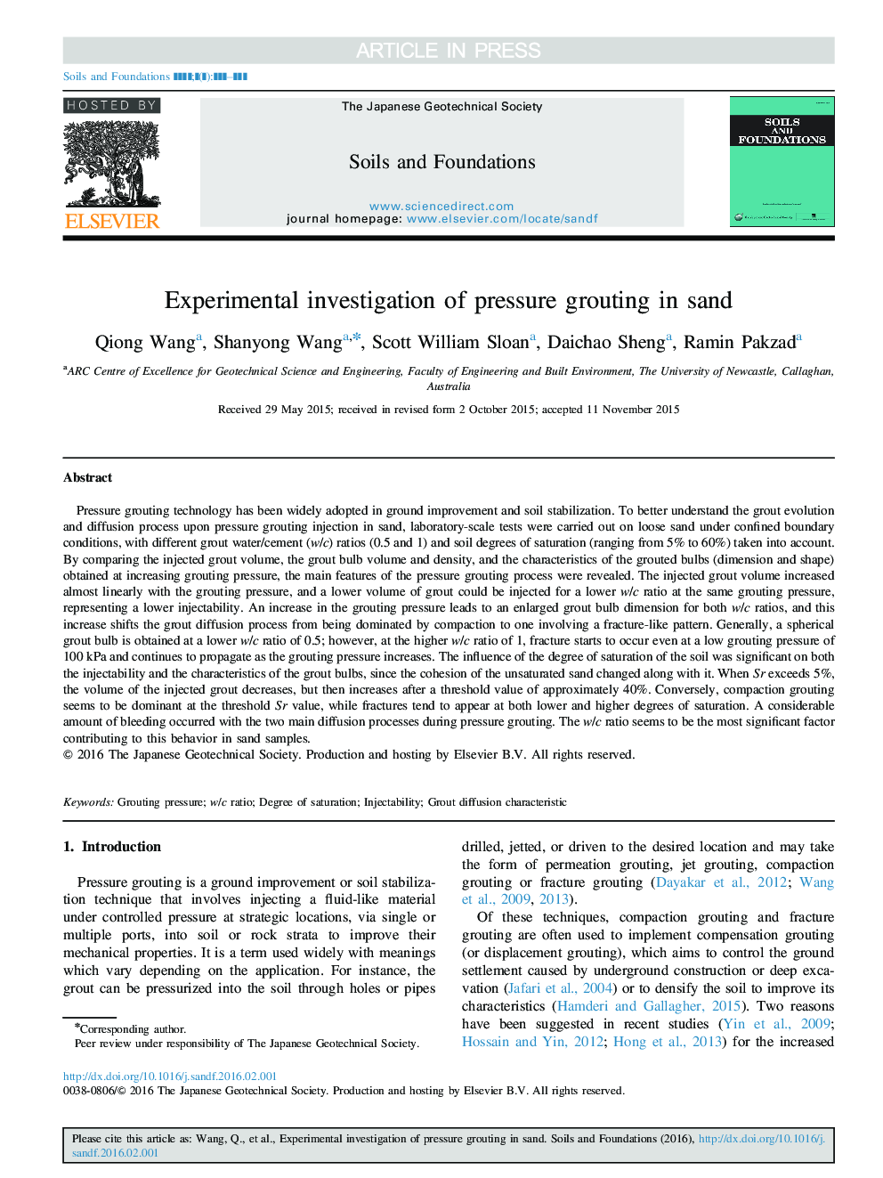 Experimental investigation of pressure grouting in sand