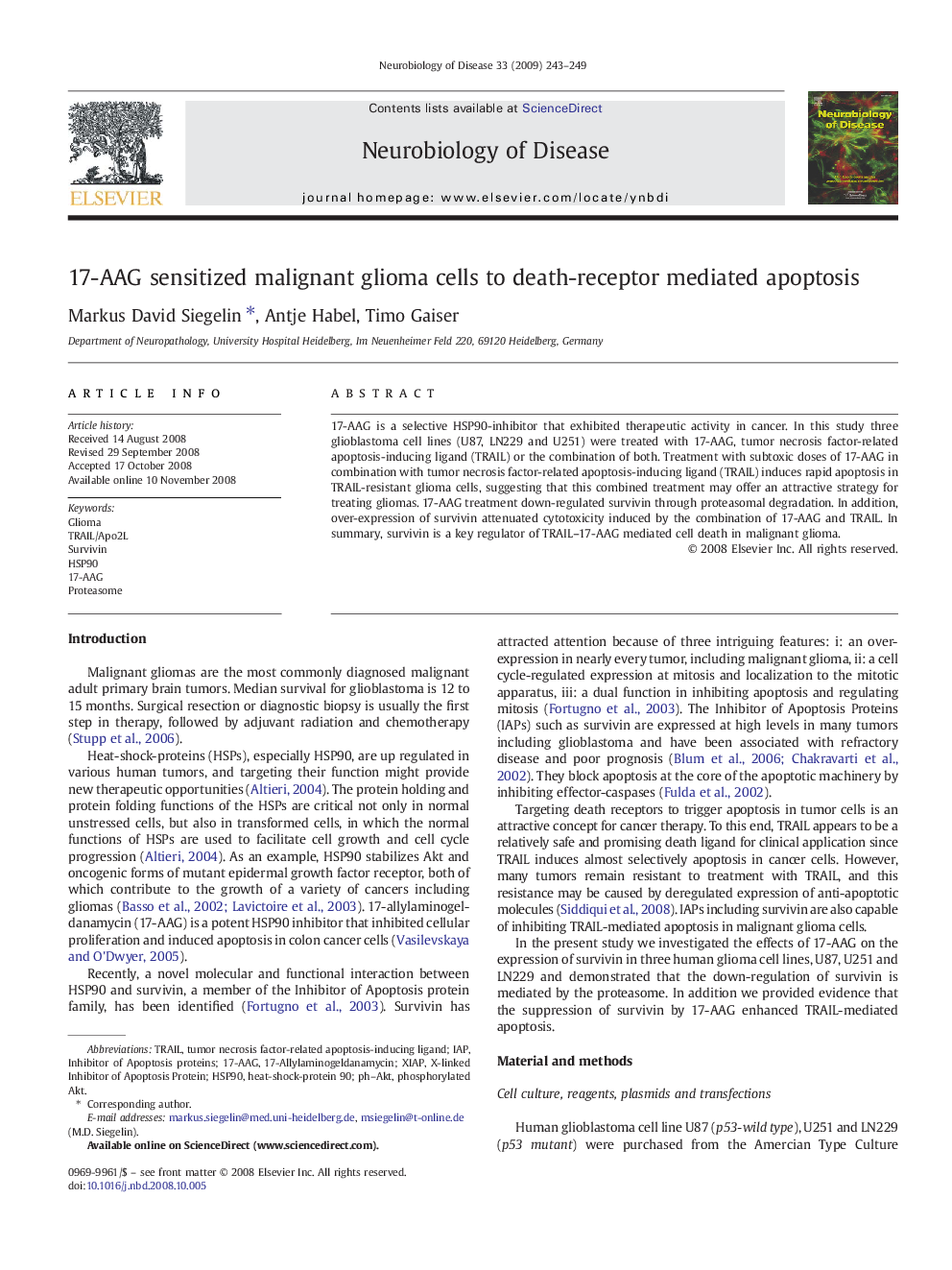 17-AAG sensitized malignant glioma cells to death-receptor mediated apoptosis