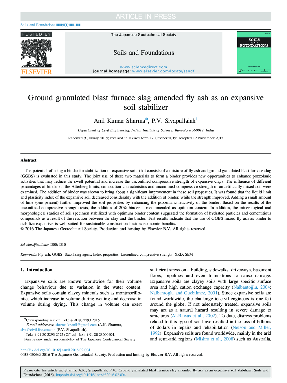 Ground granulated blast furnace slag amended fly ash as an expansive soil stabilizer