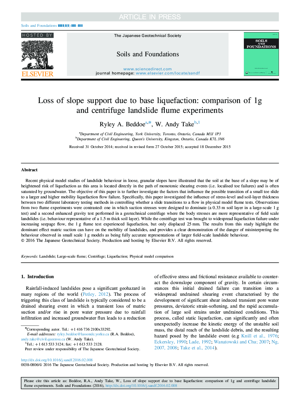 Loss of slope support due to base liquefaction: comparison of 1g and centrifuge landslide flume experiments