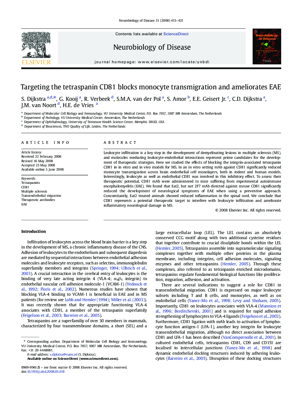 Targeting the tetraspanin CD81 blocks monocyte transmigration and ameliorates EAE