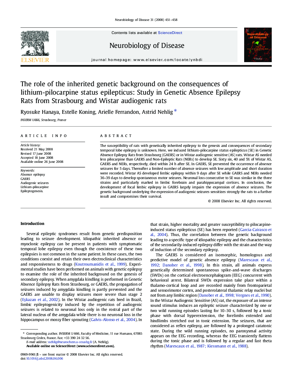 The role of the inherited genetic background on the consequences of lithium-pilocarpine status epilepticus: Study in Genetic Absence Epilepsy Rats from Strasbourg and Wistar audiogenic rats