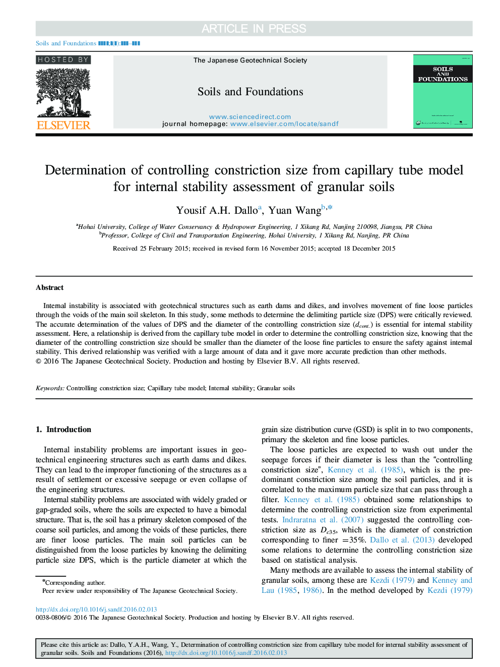 Determination of controlling constriction size from capillary tube model for internal stability assessment of granular soils