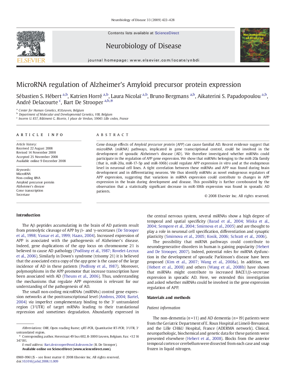 MicroRNA regulation of Alzheimer's Amyloid precursor protein expression