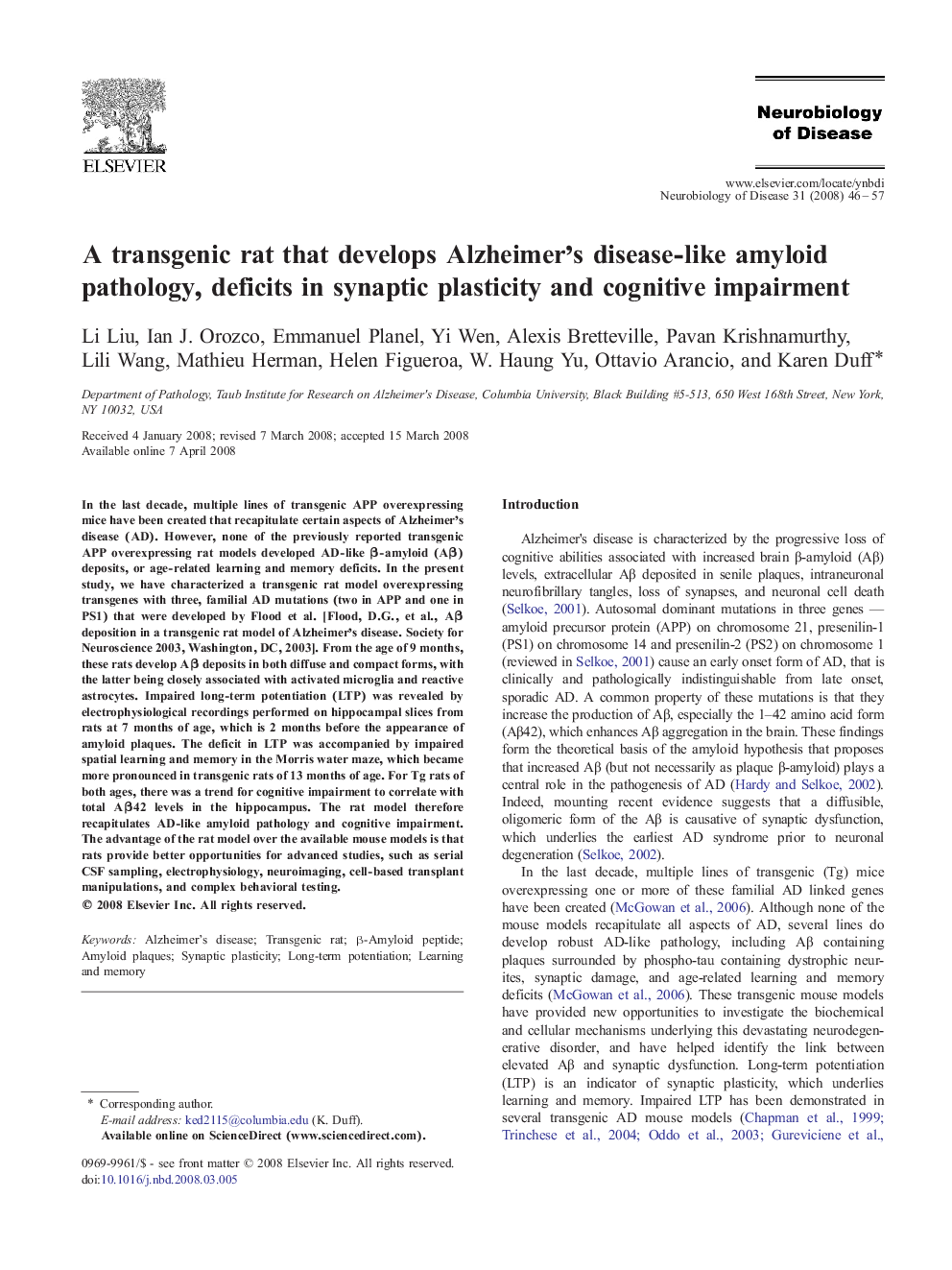 A transgenic rat that develops Alzheimer's disease-like amyloid pathology, deficits in synaptic plasticity and cognitive impairment