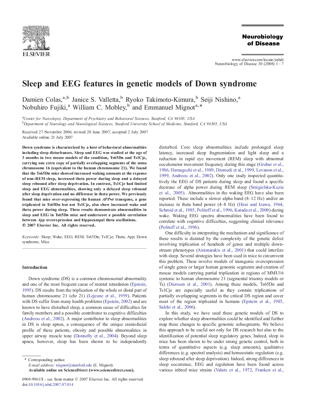 Sleep and EEG features in genetic models of Down syndrome