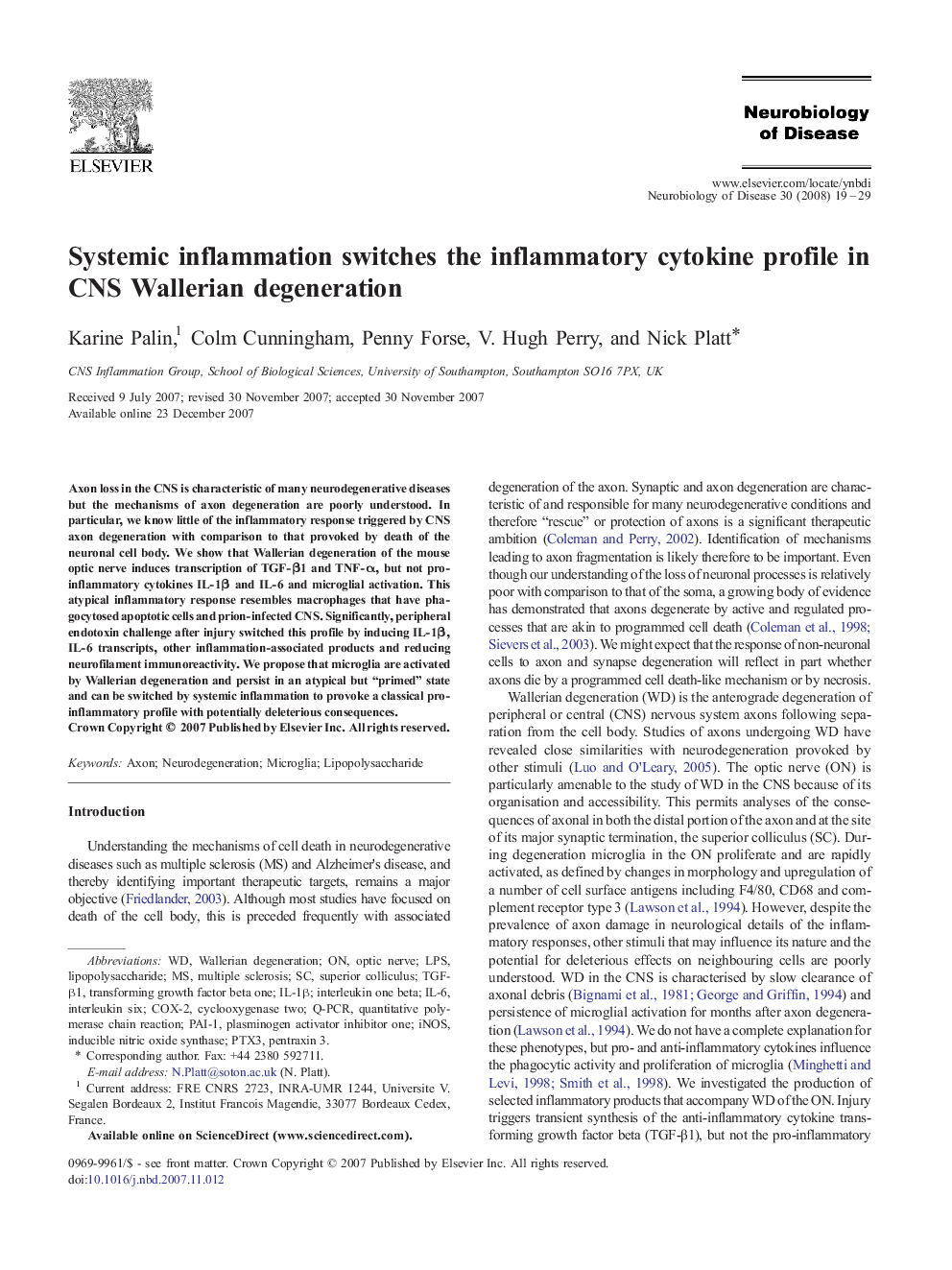 Systemic inflammation switches the inflammatory cytokine profile in CNS Wallerian degeneration