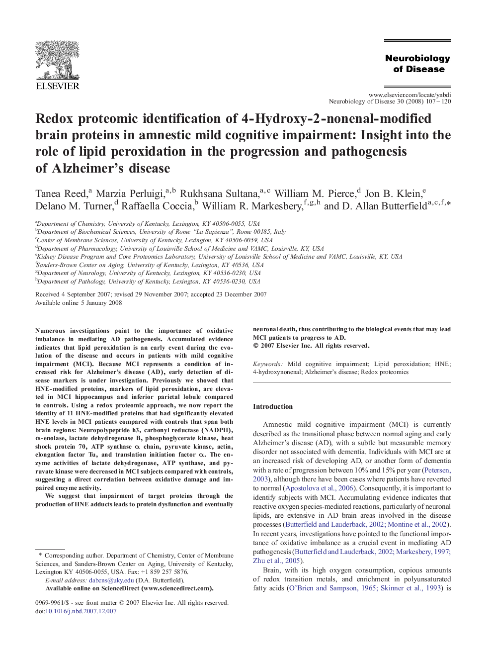 Redox proteomic identification of 4-Hydroxy-2-nonenal-modified brain proteins in amnestic mild cognitive impairment: Insight into the role of lipid peroxidation in the progression and pathogenesis of Alzheimer's disease