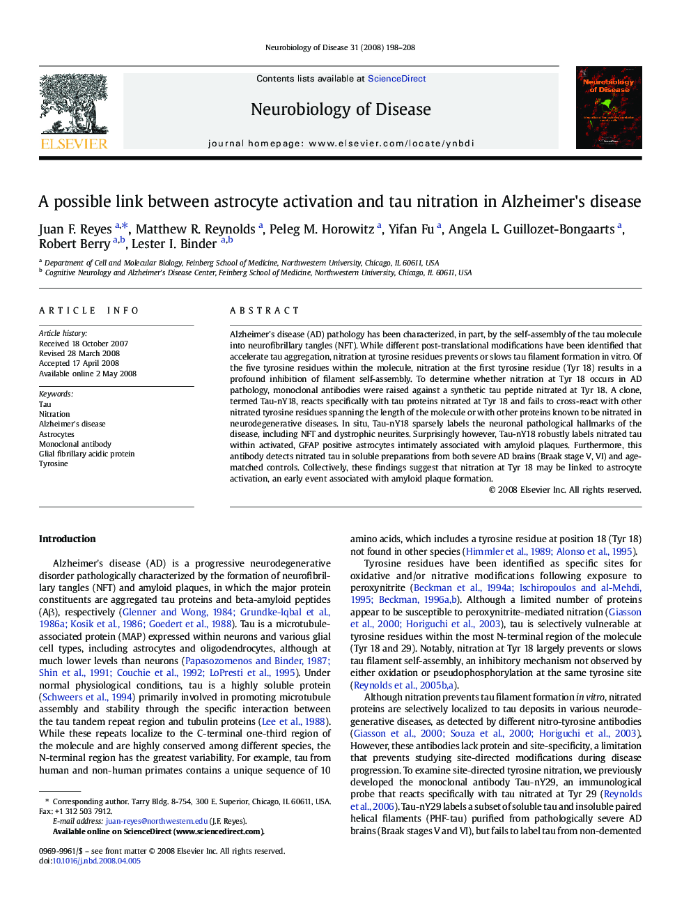 A possible link between astrocyte activation and tau nitration in Alzheimer's disease