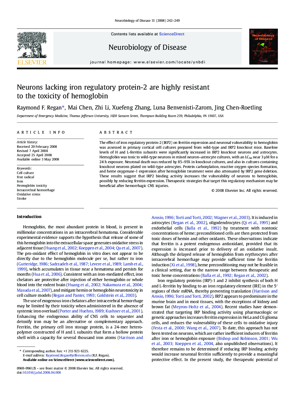 Neurons lacking iron regulatory protein-2 are highly resistant to the toxicity of hemoglobin