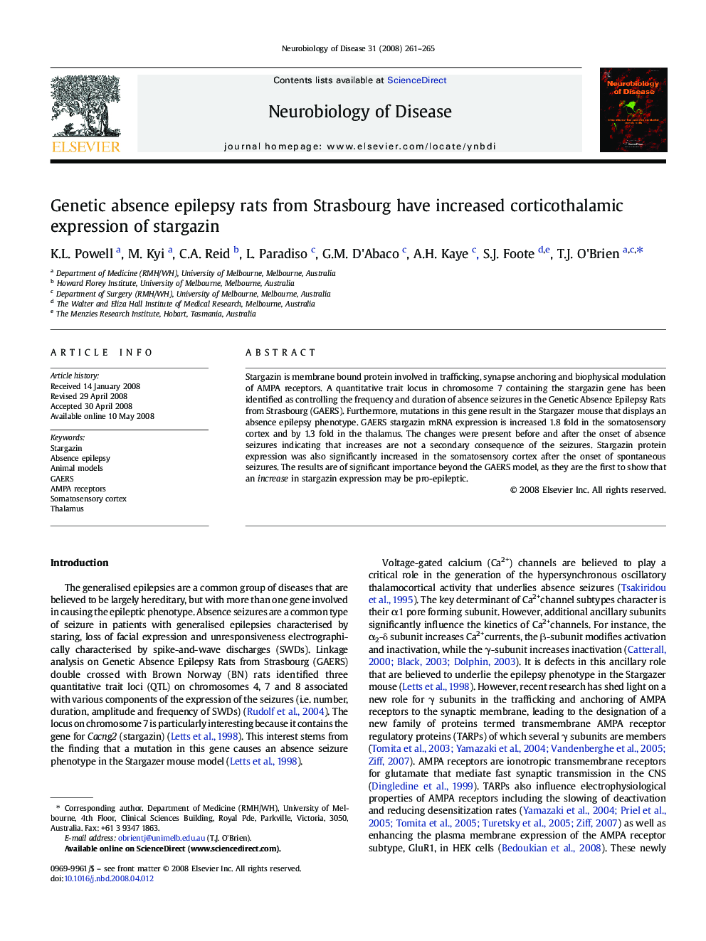 Genetic absence epilepsy rats from Strasbourg have increased corticothalamic expression of stargazin