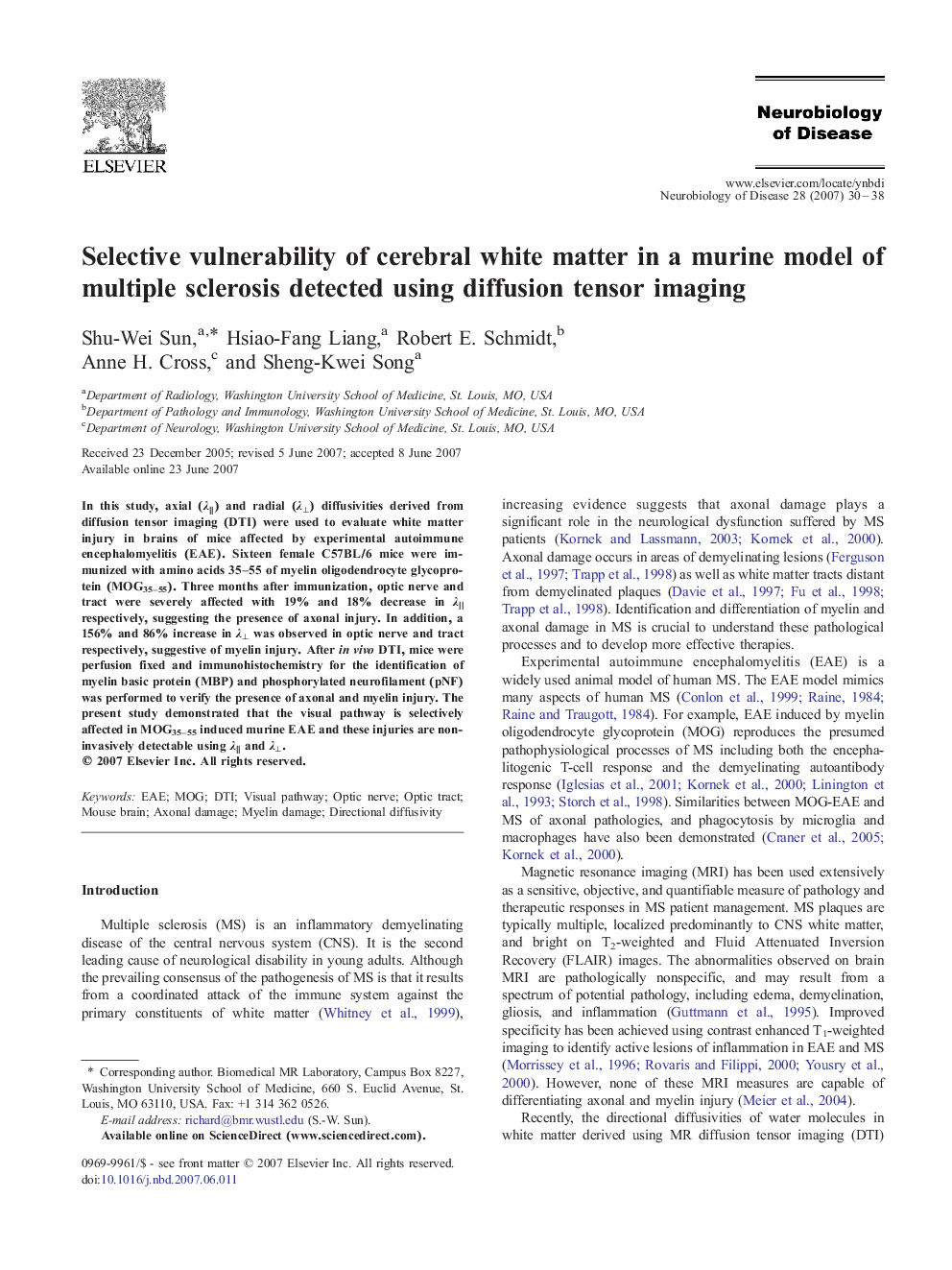 Selective vulnerability of cerebral white matter in a murine model of multiple sclerosis detected using diffusion tensor imaging