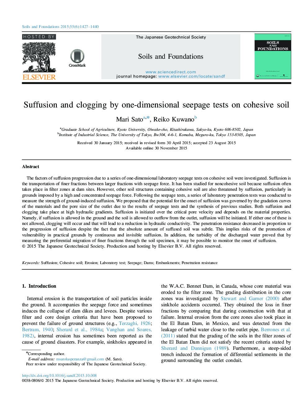 Suffusion and clogging by one-dimensional seepage tests on cohesive soil