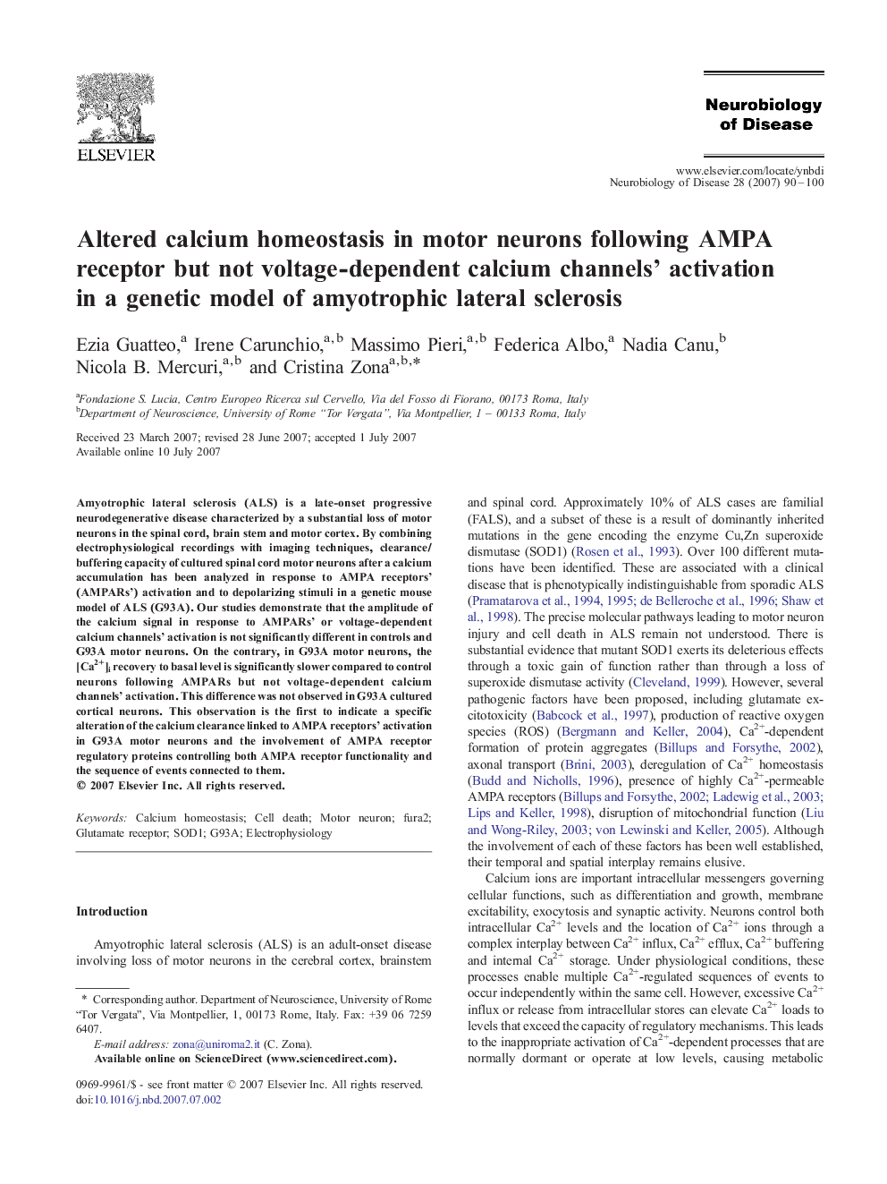 Altered calcium homeostasis in motor neurons following AMPA receptor but not voltage-dependent calcium channels’ activation in a genetic model of amyotrophic lateral sclerosis