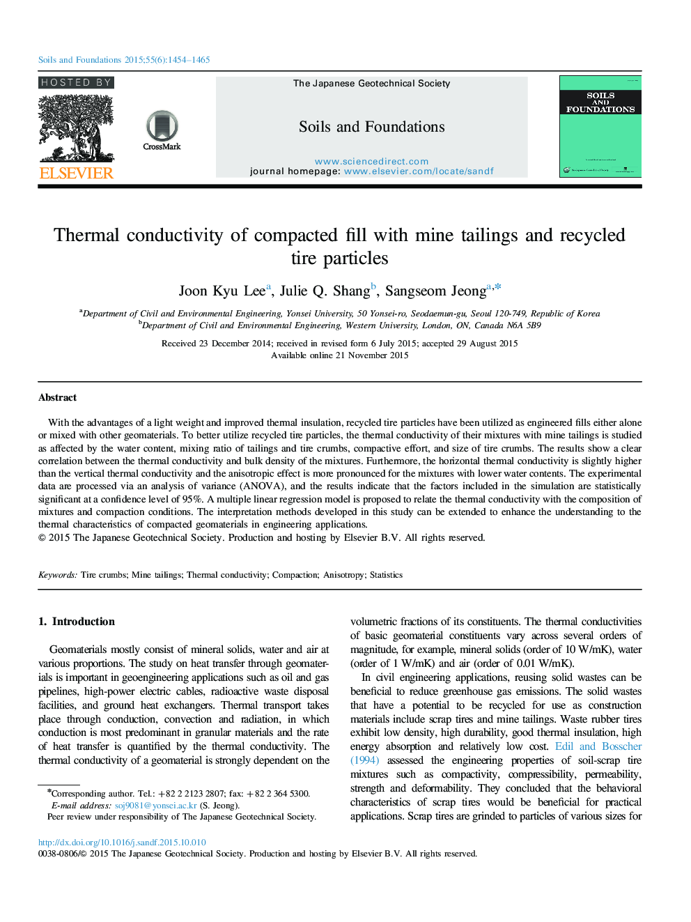 Thermal conductivity of compacted fill with mine tailings and recycled tire particles